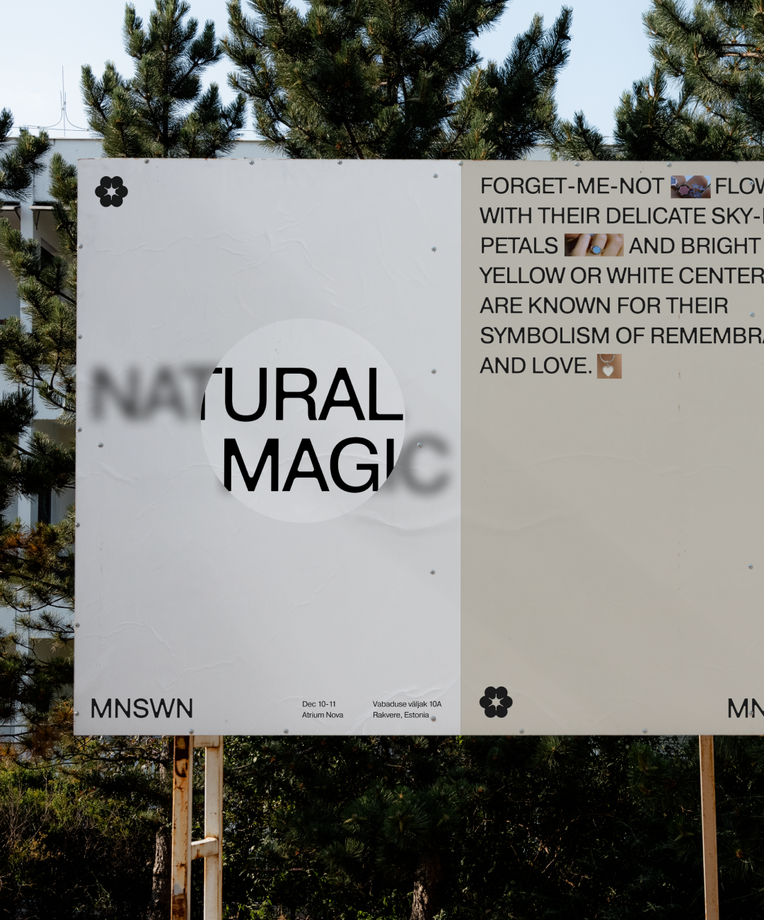 Emblem design for Madame FC depicting an M monogram in a circle with the words "Madame FC EST. 2003" inside on top of a background image of a soccer stadium.